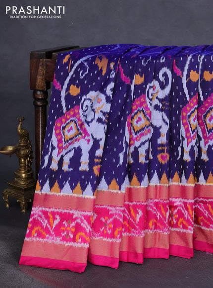 Pochampally silk saree dark blue and pink with allover ikat weaves and temple design zari woven ikat border