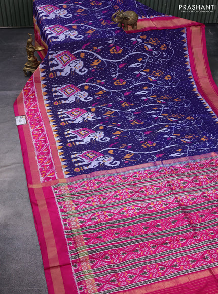 Pochampally silk saree dark blue and pink with allover ikat weaves and temple design zari woven ikat border