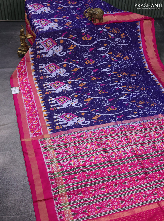 Pochampally silk saree dark blue and pink with allover ikat weaves and temple design zari woven ikat border
