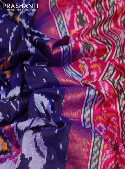 Pochampally silk saree dark blue and pink with allover ikat weaves and temple design zari woven ikat border