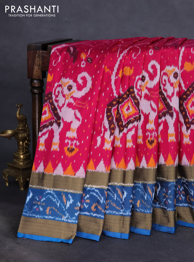 Pochampally silk saree dark pink and cs blue with allover ikat weaves and temple design ikat woven border