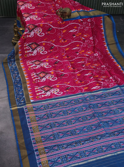 Pochampally silk saree dark pink and cs blue with allover ikat weaves and temple design ikat woven border