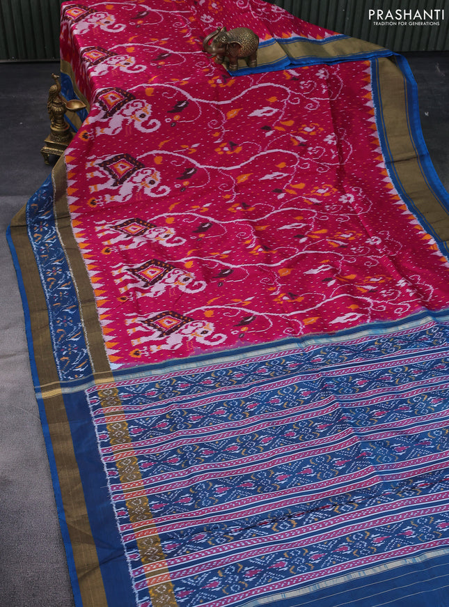 Pochampally silk saree dark pink and cs blue with allover ikat weaves and temple design ikat woven border