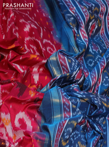 Pochampally silk saree dark pink and cs blue with allover ikat weaves and temple design ikat woven border