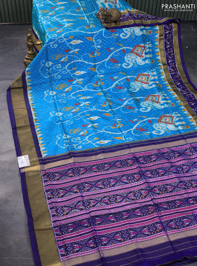 Pochampally silk saree dual shade of cs blue and blue with allover ikat weaves and temple design ikat woven border