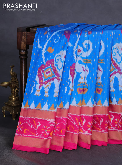 Pochampally silk saree cs blue and pink with allover ikat weaves and temple design ikat woven border