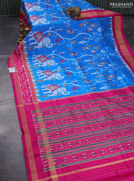Pochampally silk saree cs blue and pink with allover ikat weaves and temple design ikat woven border
