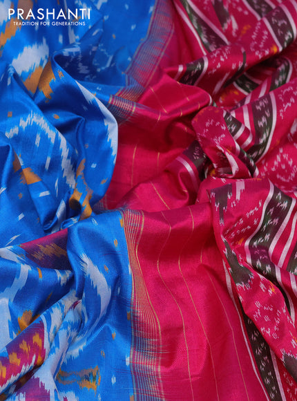 Pochampally silk saree cs blue and pink with allover ikat weaves and temple design ikat woven border