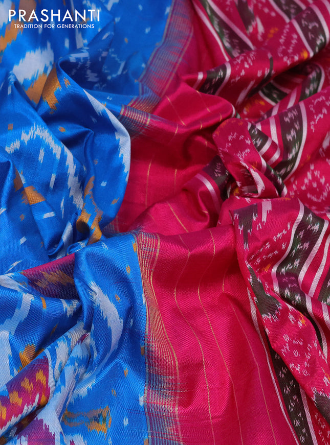 Pochampally silk saree cs blue and pink with allover ikat weaves and temple design ikat woven border