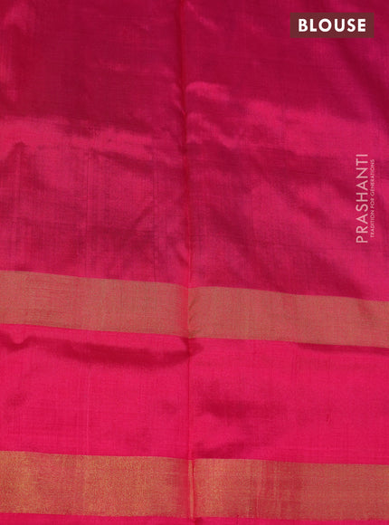 Pochampally silk saree cs blue and pink with allover ikat weaves and temple design ikat woven border