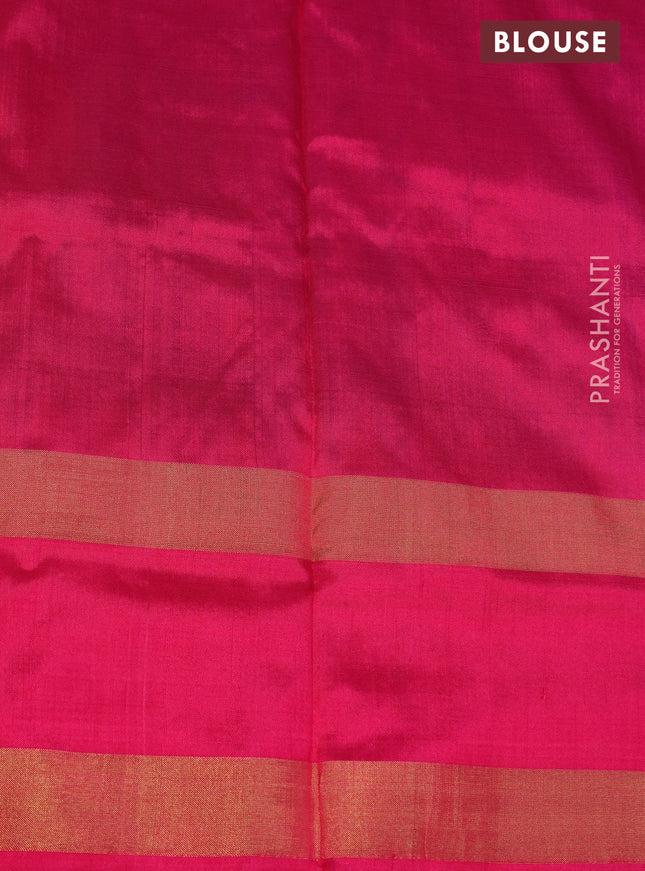 Pochampally silk saree cs blue and pink with allover ikat weaves and temple design ikat woven border