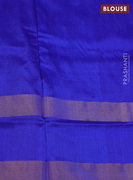 Pochampally silk saree dual shade of cs blue and royal blue with allover ikat weaves and temple design ikat woven border