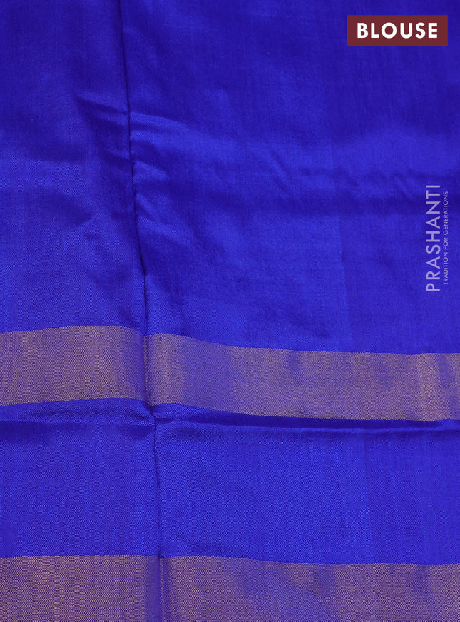 Pochampally silk saree dual shade of cs blue and royal blue with allover ikat weaves and temple design ikat woven border