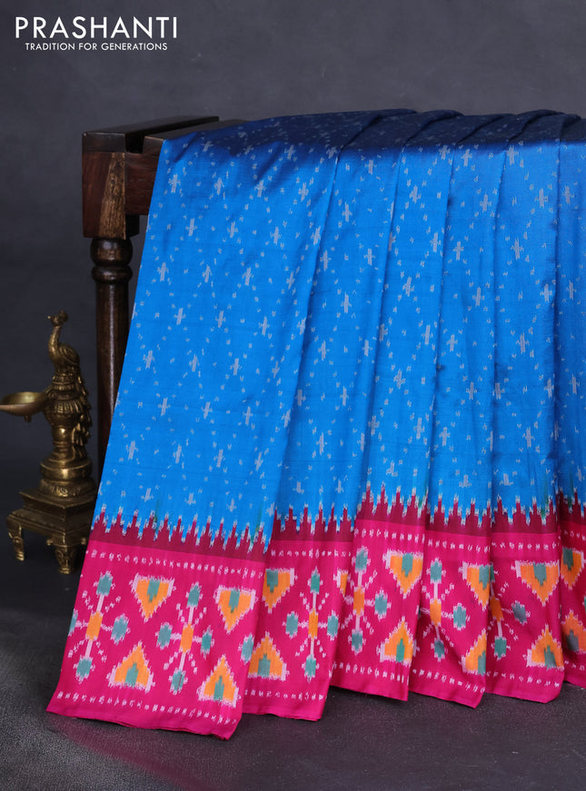 Pochampally silk saree cs blue and pink with allover ikat weaves and temple design ikat woven border