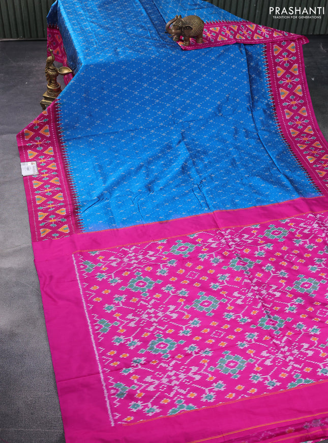 Pochampally silk saree cs blue and pink with allover ikat weaves and temple design ikat woven border