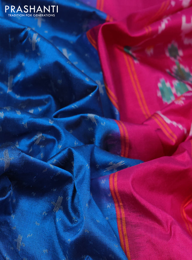 Pochampally silk saree cs blue and pink with allover ikat weaves and temple design ikat woven border