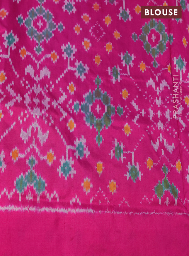 Pochampally silk saree cs blue and pink with allover ikat weaves and temple design ikat woven border