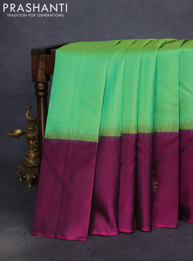 Pure soft silk saree dual shade of green and purple with allover small zari checked pattern and long silver zari woven butta border