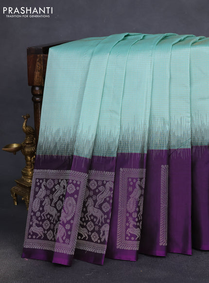 Pure soft silk saree teal blue and violet with allover small zari checked pattern and long silver zari woven buta border