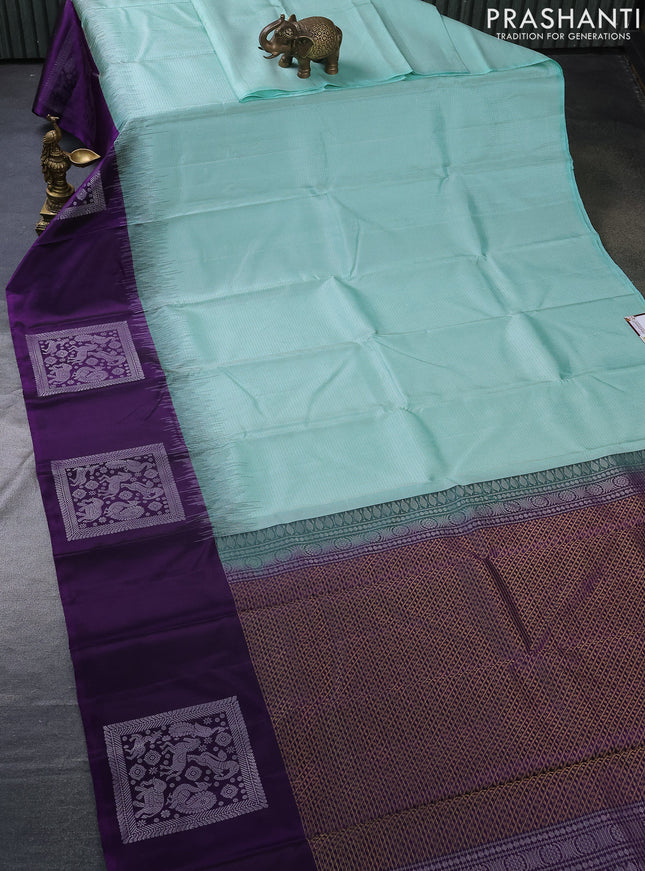 Pure soft silk saree teal blue and violet with allover small zari checked pattern and long silver zari woven buta border