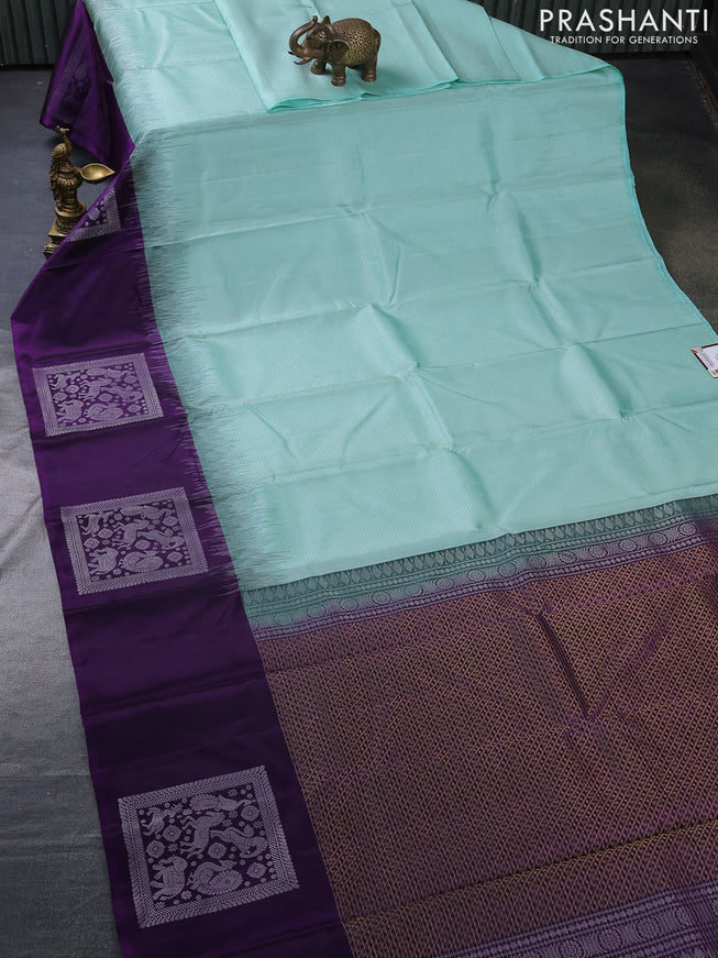 Pure soft silk saree teal blue and violet with allover small zari checked pattern and long silver zari woven buta border
