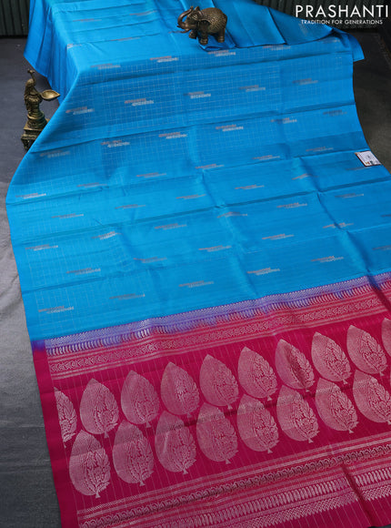 Pure soft silk saree dual shade of blue and pink with allover zari checks & buttas in borderless style