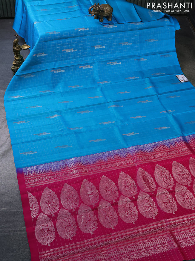 Pure soft silk saree dual shade of blue and pink with allover zari checks & buttas in borderless style