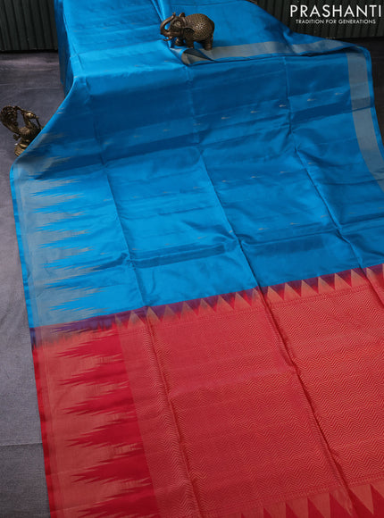 Pure soft silk saree cs blue and dual shade of pinkish orange with zari woven muniya buttas and temple design zari woven border