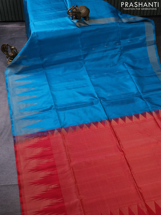 Pure soft silk saree cs blue and dual shade of pinkish orange with zari woven muniya buttas and temple design zari woven border