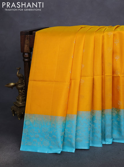 Pure soft silk saree yellow and teal blue with silver zari woven buttas and zari woven border