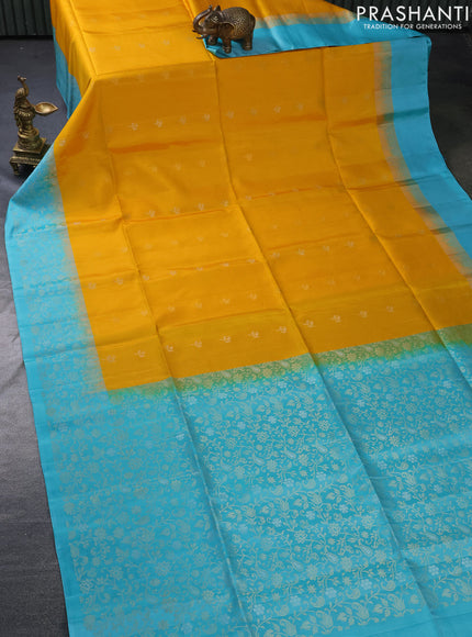 Pure soft silk saree yellow and teal blue with silver zari woven buttas and zari woven border