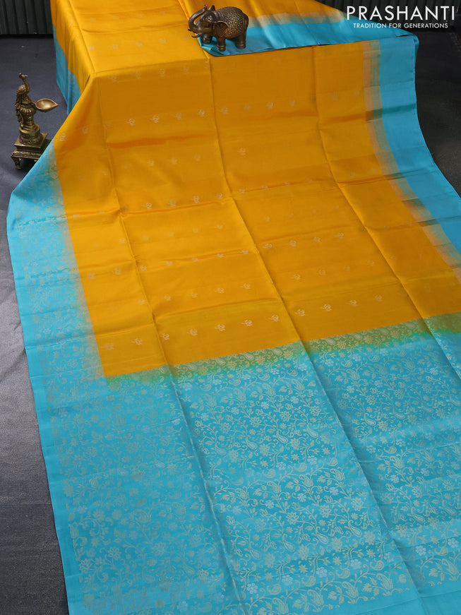 Pure soft silk saree yellow and teal blue with silver zari woven buttas and zari woven border