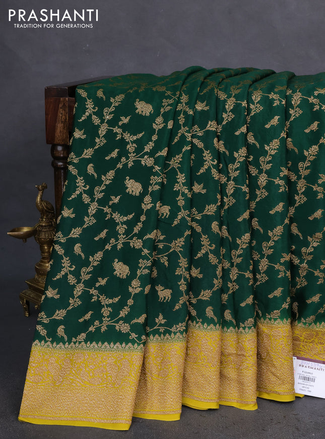 Banarasi crepe saree green and mustard shade with allover thread & zari weaves and woven border
