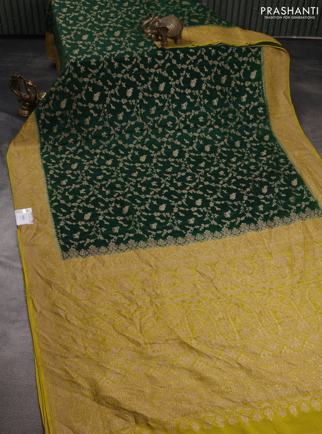 Banarasi crepe saree green and mustard shade with allover thread & zari weaves and woven border