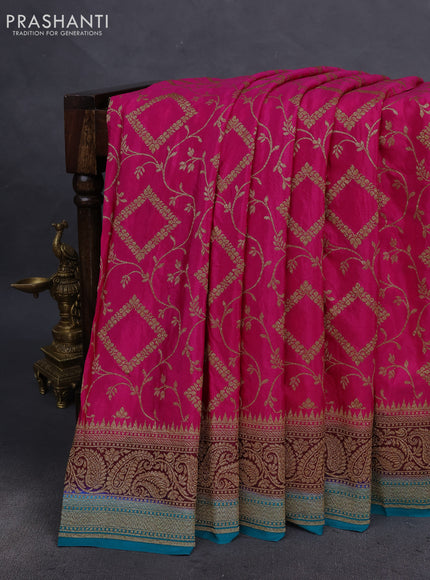 Banarasi crepe saree pink and brown teal with allover thread & zari weaves and woven border