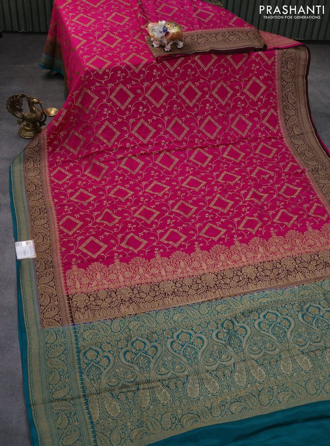 Banarasi crepe saree pink and brown teal with allover thread & zari weaves and woven border