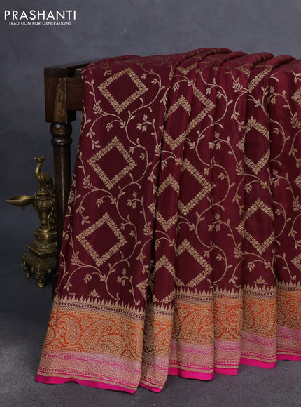 Banarasi crepe saree maroon and orange pink with allover thread & zari weaves and woven border