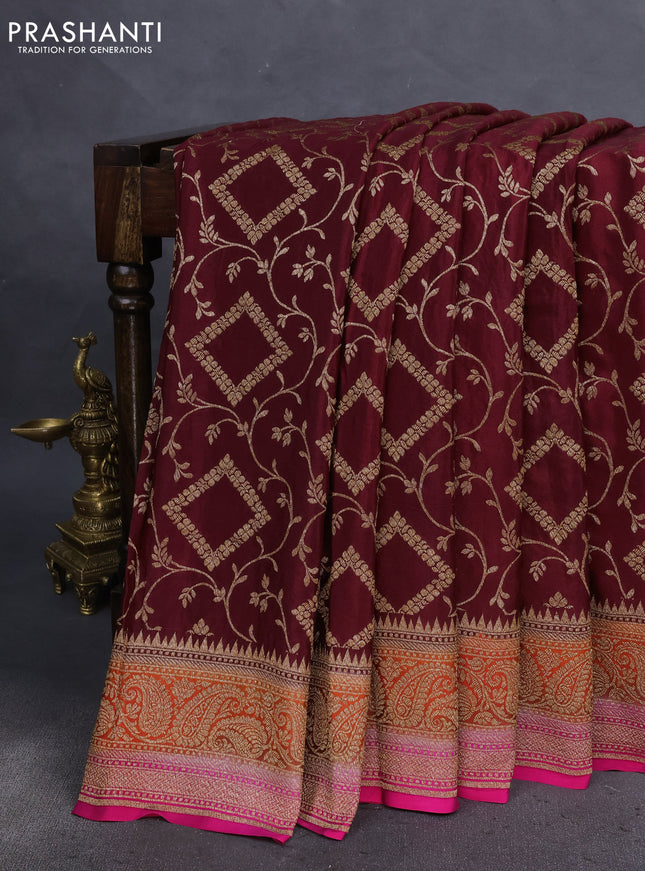 Banarasi crepe saree maroon and orange pink with allover thread & zari weaves and woven border