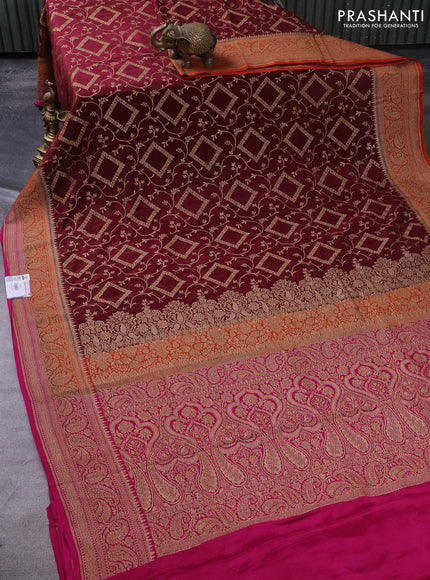 Banarasi crepe saree maroon and orange pink with allover thread & zari weaves and woven border