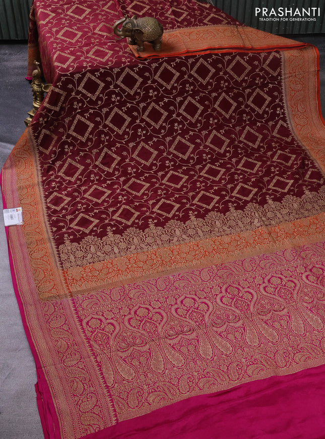 Banarasi crepe saree maroon and orange pink with allover thread & zari weaves and woven border