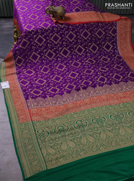 Banarasi crepe saree violet and red green with allover thread & zari weaves and woven border
