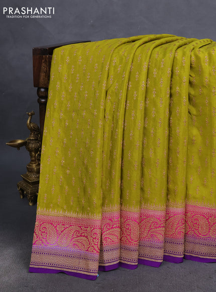 Banarasi crepe saree lime green and pink violet with allover thread & zari weaves and woven border
