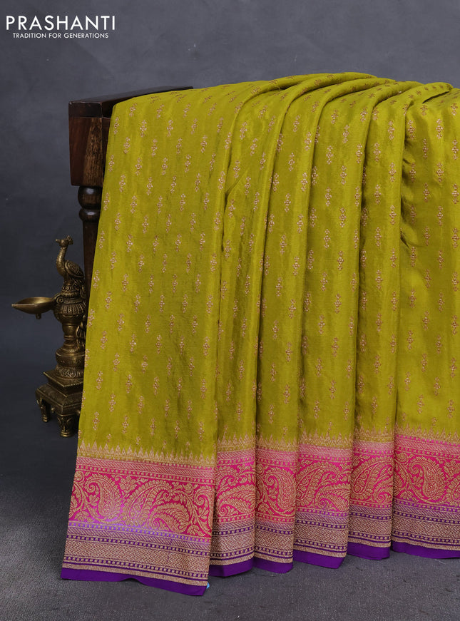 Banarasi crepe saree lime green and pink violet with allover thread & zari weaves and woven border