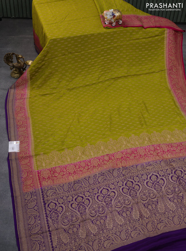 Banarasi crepe saree lime green and pink violet with allover thread & zari weaves and woven border