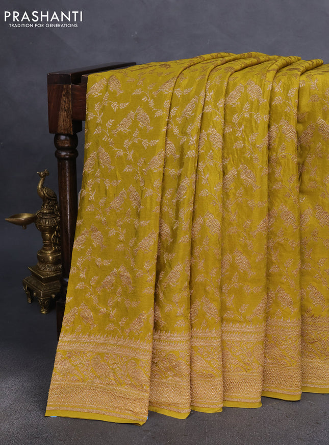Banarasi crepe saree lime green with allover thread & zari weaves and woven border