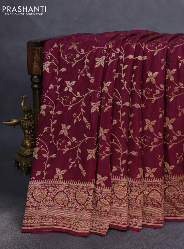 Banarasi crepe saree wine shade with allover thread & zari weaves and woven border