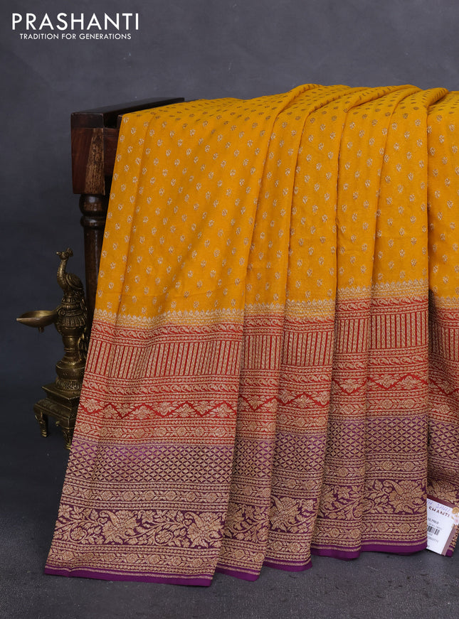 Banarasi georgette saree mango yellow and red deep violet with woven buttas and long woven border