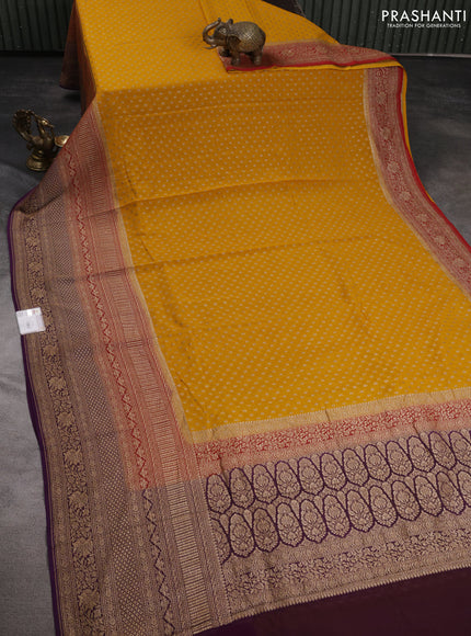 Banarasi georgette saree mango yellow and red deep violet with woven buttas and long woven border