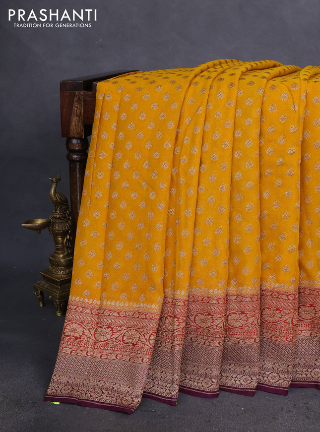 Banarasi georgette saree mango yellow and maroon wine with woven buttas and long woven border