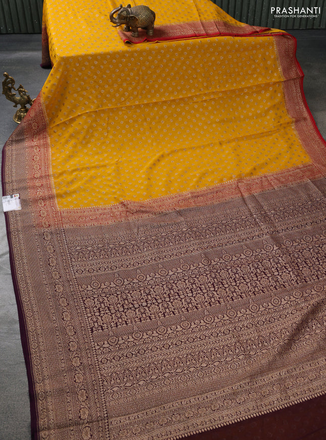 Banarasi georgette saree mango yellow and maroon wine with woven buttas and long woven border